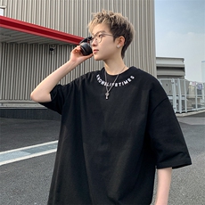 港风大码宽松百搭字母刺绣圆领短袖T恤男潮流XZ213-T068-P35控48，男装T恤，星座213