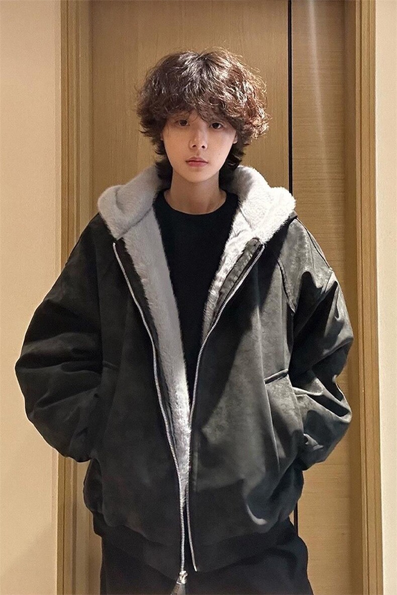 网图荔枝皮美式连帽座山雕外套男女款冬季毛领夹克-A2363P98,男装夹克,电商B241