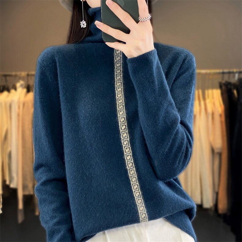 羊毛衫女秋冬新款堆堆高领宽松拼色针织内搭毛衣打底衫,女装羊毛衫,琳华羊绒