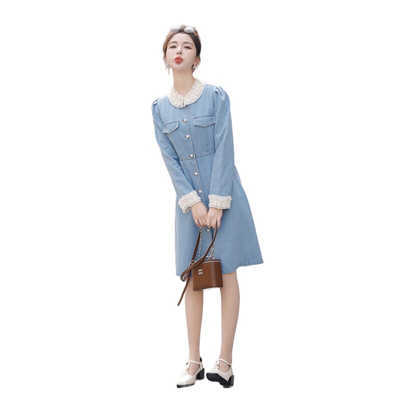 时尚春季牛仔连衣裙中长款修身显瘦女装甜美蕾丝领设计,女装连衣裙,秋水欣儿