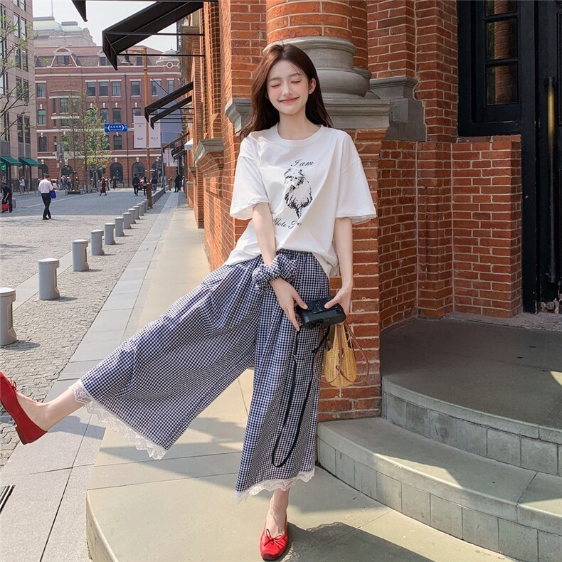 慵懒风印花T恤格子阔腿裙裤套装女2025夏季新款休闲小个子两件套，女装套装/套裙，千寻