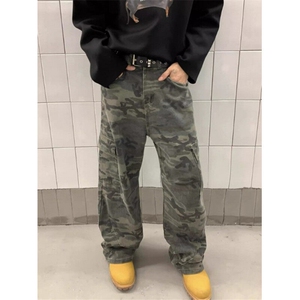 美式街头重磅迷彩工装大口袋牛仔裤男女款休闲长裤KD782
