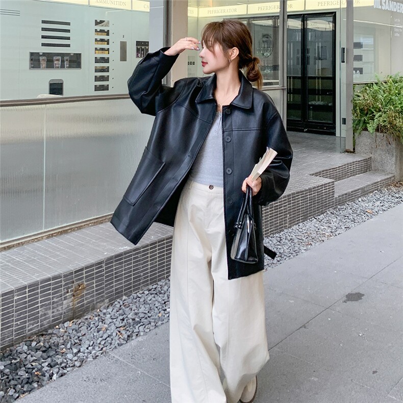 2025春季新款时尚法式复古翻领单排扣皮衣外套女休闲百搭简约上衣,女装皮衣,2C258