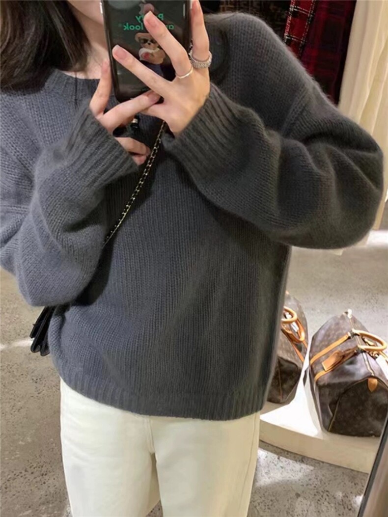毛衣女新款2024秋冬套头纯色宽松慵懒针织上衣,女装羊毛衫,恩泰羊绒