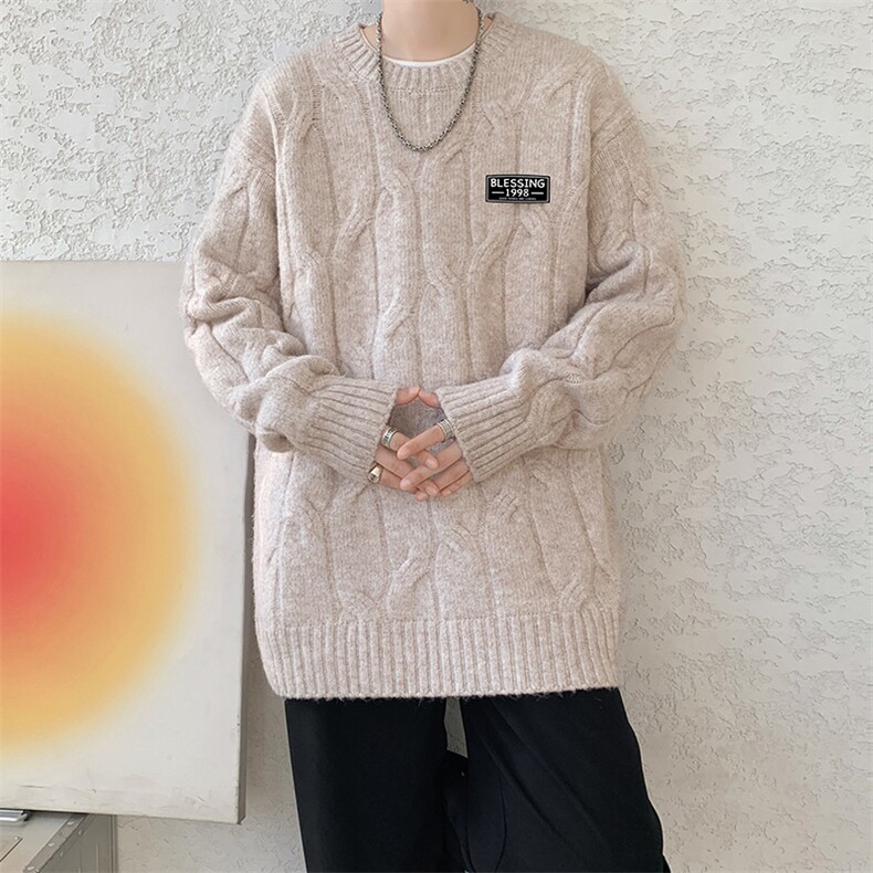 8XL-M圆领毛衣男秋冬慵懒风宽松情侣装麻花针织羊毛衫MY19004P68,男装针织衫/毛衣,电商B312