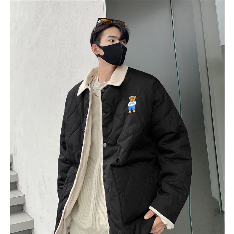 港风灯芯绒拼接连帽棉衣男假两件葫芦型小熊棉衣男8713P135控168，男装棉衣，星座227-7