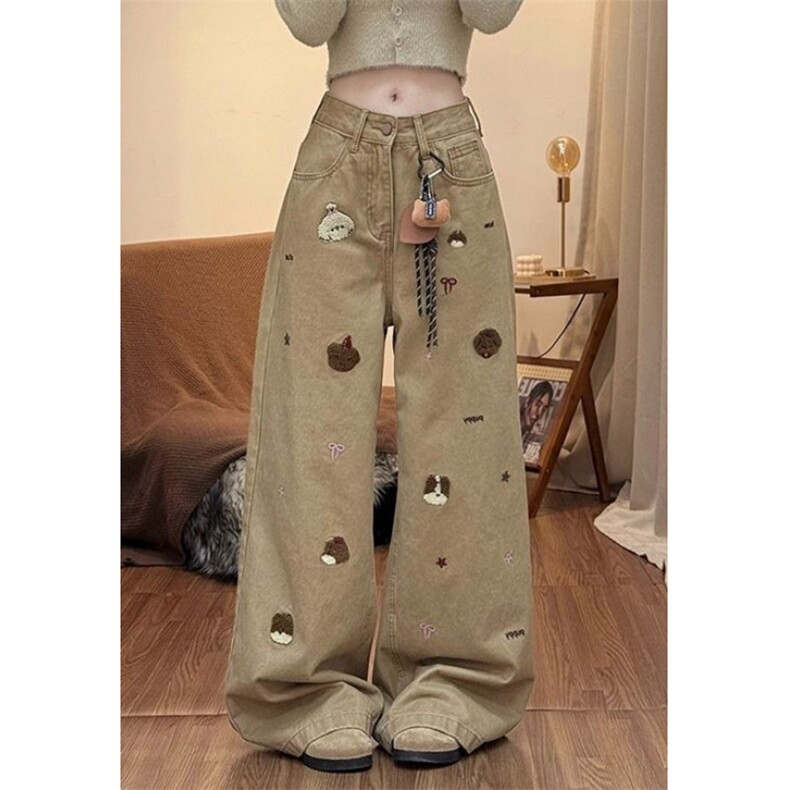 可爱小熊刺绣牛仔裤裤子女款冬季卡其色高腰宽松阔腿长裤NA9153,男装牛仔裤,星座1116A（原606A-3）