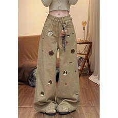 可爱小熊刺绣牛仔裤裤子女款冬季卡其色高腰宽松阔腿长裤NA9153，男装牛仔裤，星座1116A（原606A-3）