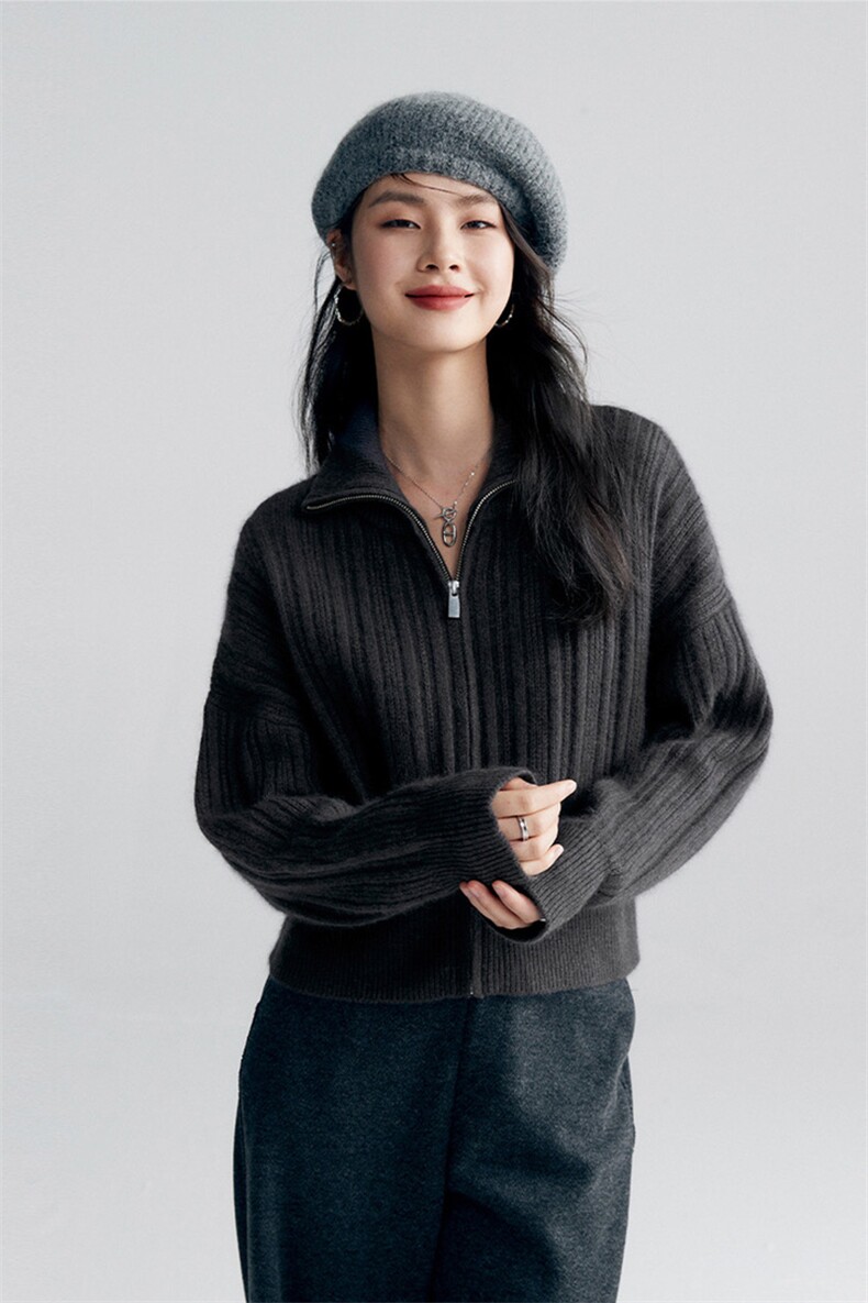 欧货抽褶拉链开衫女山羊绒秋冬新款宽松加厚短款针织羊毛毛衣外套,女装羊毛衫,泰沅羊绒