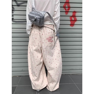 美式白色碎花工装裤女秋2025新款休闲小个子阔腿运动裤K6651-P45图片