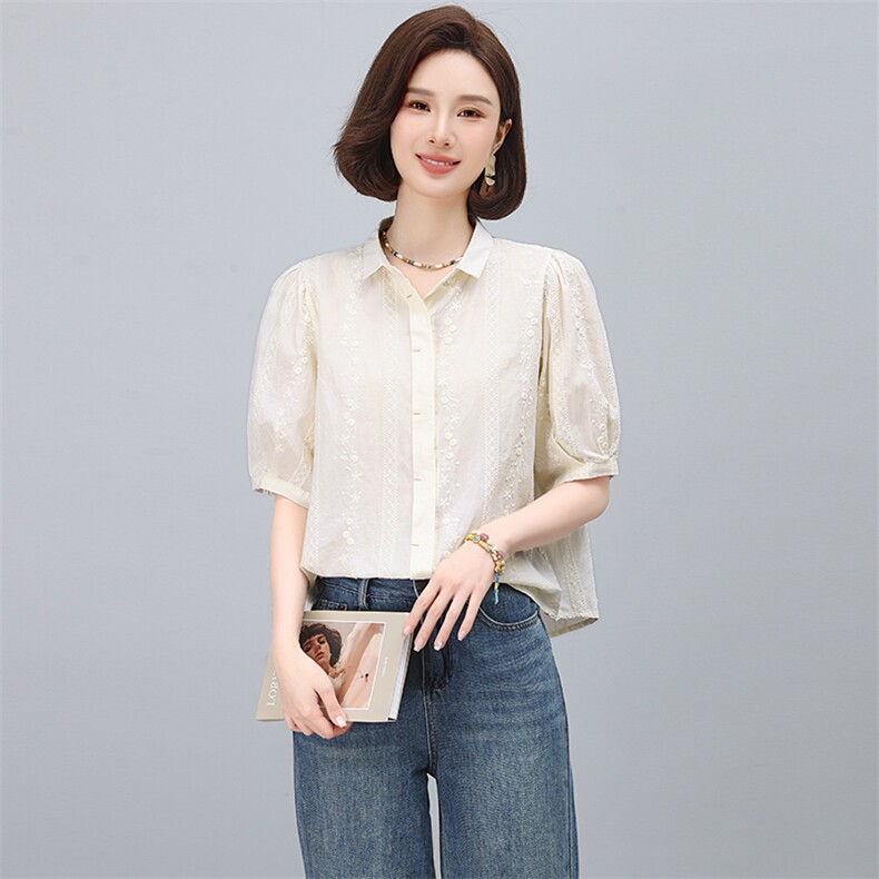 全棉衬衫女短袖夏季2025新款高级感轻奢减龄洋气小衫妈妈刺绣上衣,女装蕾丝衫/雪纺衫,多彩