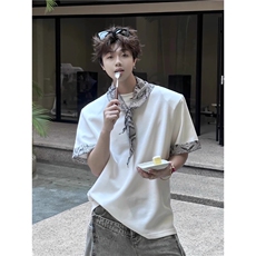 蛇纹卷边拼接t恤男款夏季小众丝巾设计感短袖美式高级感垫肩半袖，男装T恤，星座506A