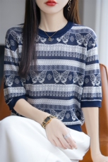 法式复古风文艺提花薄款针织短袖女凉感透气宽松百搭条纹短袖上衣，女装针织衫/毛衣，源达羊绒
