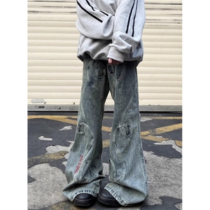 街头小众刺绣拼接重工复古做旧微喇牛仔裤拖地阔腿长裤 N1189图片