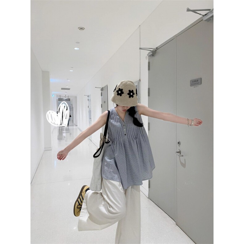 TC569-P45温柔风格子v领无袖衬衫女2026夏季新款别致显瘦百搭上衣，女装衬衫，星座617A-2