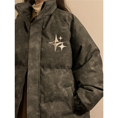 中性风PU皮复古做旧可拆卸四芒星胸针设计棉衣男MY77721P128控168，男装棉衣，星座227-7