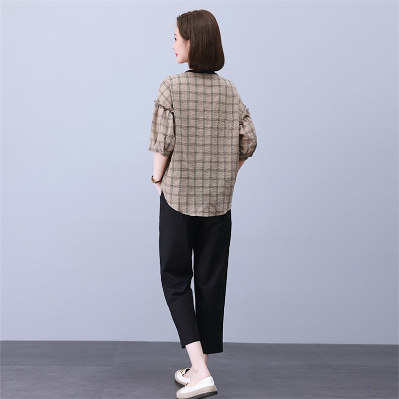 时尚休闲格子拼接套装女宽松显瘦抽绳设计两件套,女装套装/套裙,叶笙衣