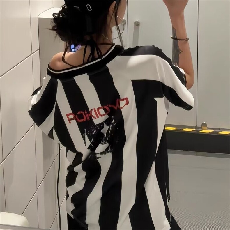 美式复古V领球衣短袖女撞色拼接条纹T恤辣妹宽松休闲上衣潮,男装T恤,星座1210-1