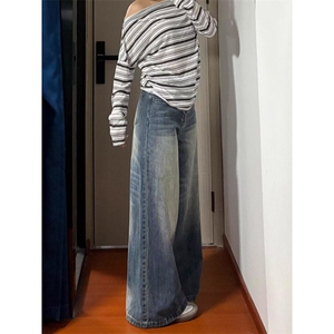 1506Q1820/P46古着水洗做旧美式宽松直筒百搭裤子垂感阔腿裤图片