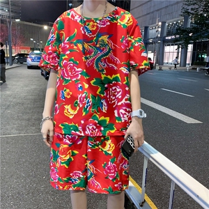TZ203男女休闲东北大花短袖圆领T恤衫短裤可套装单选团队服风图片