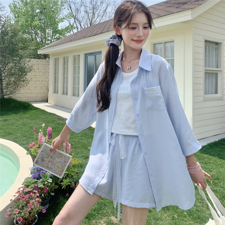 防晒蓝色衬衫背心短裤套装女夏2025新款独特绝美漂亮三件套巨好看,女装套装/套裙,2C271