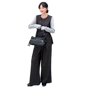 韩系淡人穿搭气质一整套女2025秋季不规则马甲打底衫阔腿裤三件套图片