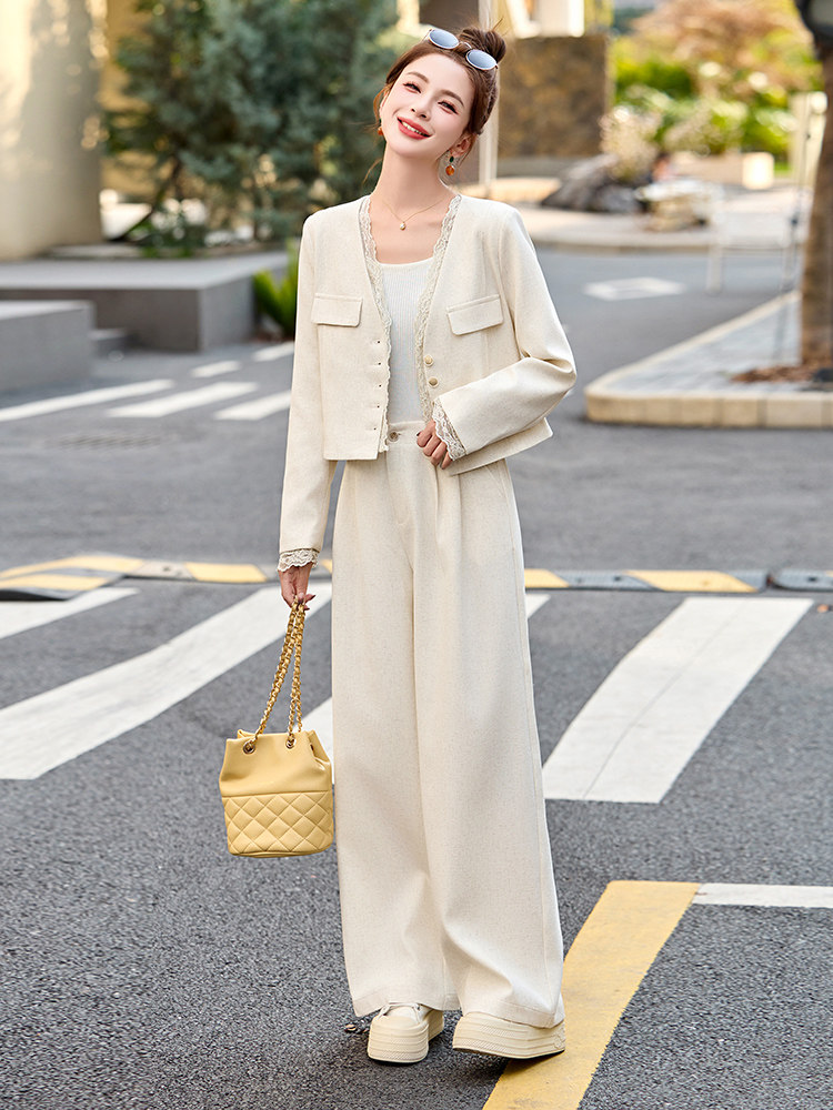 小香风时尚套装女2025春季新款休闲百搭显瘦超好看阔腿裤两件套,女装套装/套裙,美沁