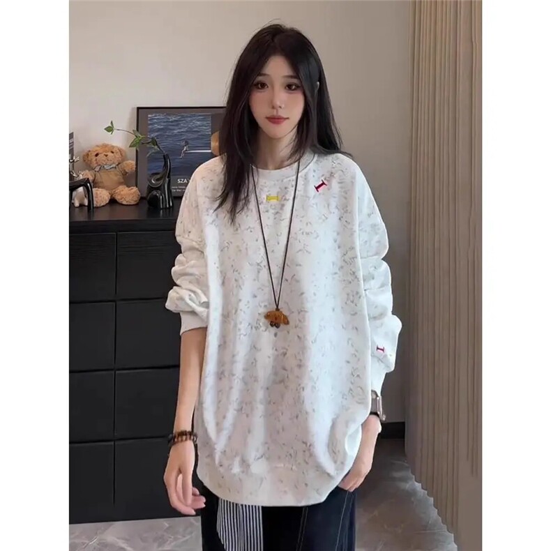 WY47-P39 百搭美式高街潮牌男女新款秋季套头扎染刺绣情侣款长袖图片