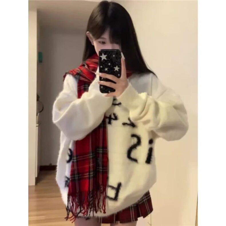 女款基础标语仿貂绒毛衣宽松休闲圆领学院风提花圆领针织衫上衣,男装针织衫/毛衣,星座506A