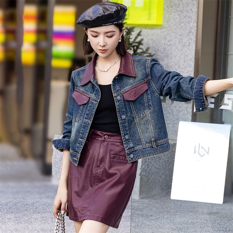 现货秋季新款韩版百搭港风复古牛仔外套女PU皮拼接夹克显瘦上衣，女装牛仔外套，美拉德工厂直营店