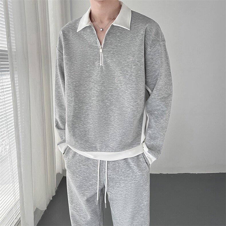 翻领拼接运动套头拉链卫衣两件套宽松时尚套装TZ44/P100降，男装休闲套装，电商A243