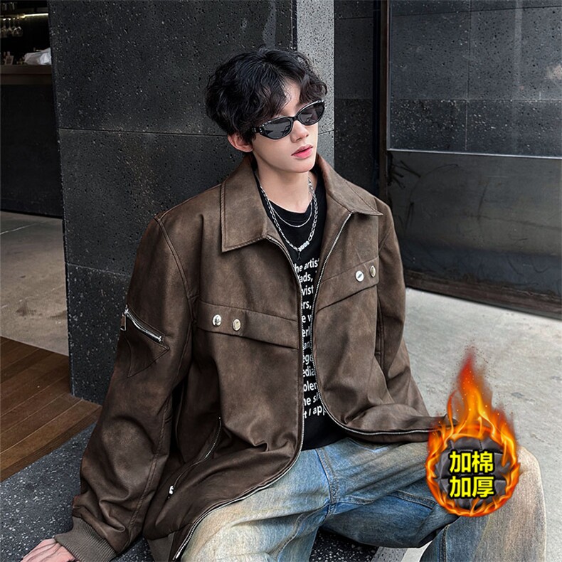 2024秋冬新款加棉加厚美式拉链设计感高街皮衣常规P138加棉P158，男装皮衣，电商B319