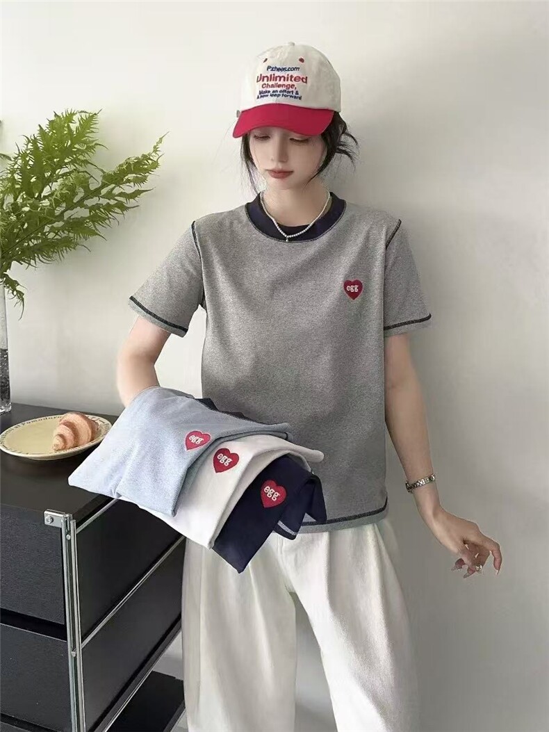 2025爱心EGG拼色圆领T恤，女装T恤，湘姗