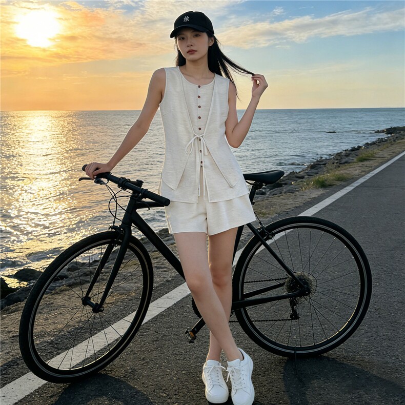 杏色设计感无袖马甲短裤套装女夏款韩版系带假两件上衣短裤两件套,女装套装/套裙,江南