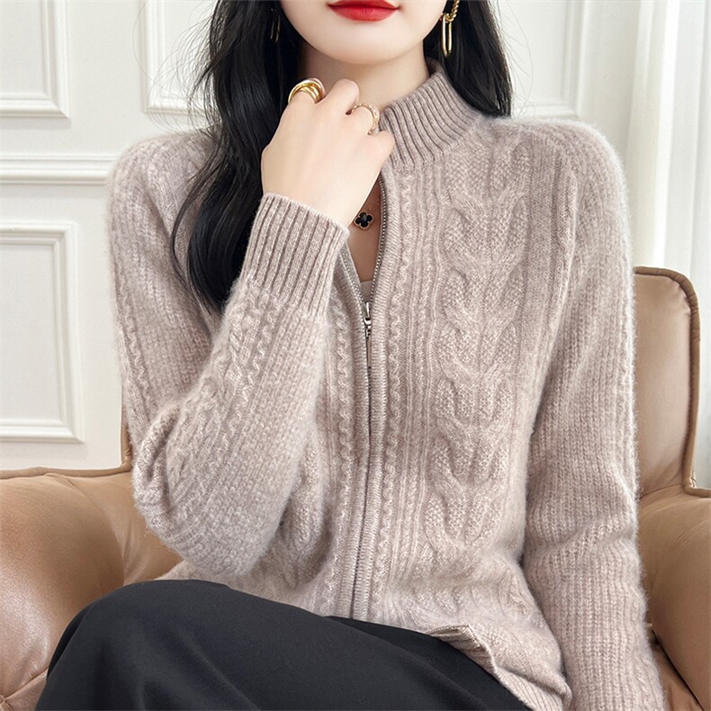 气质扭花加厚纯羊毛开衫女拉链毛衣外套立领秋冬新款针织羊绒外衣，女装羊毛衫，哲奥羊绒