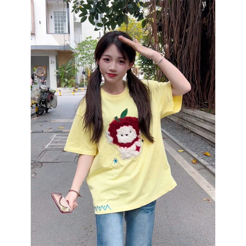 H0698-P35可爱苹果小狗短袖t恤女纯棉夏季宽松美式慵懒chic上衣,男装T恤,星座617A-2