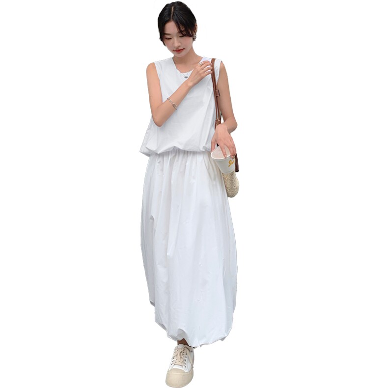 白色花苞半身长裙无袖背心套装两件套女夏甜美减龄气质御姐,女装连衣裙,幸运星