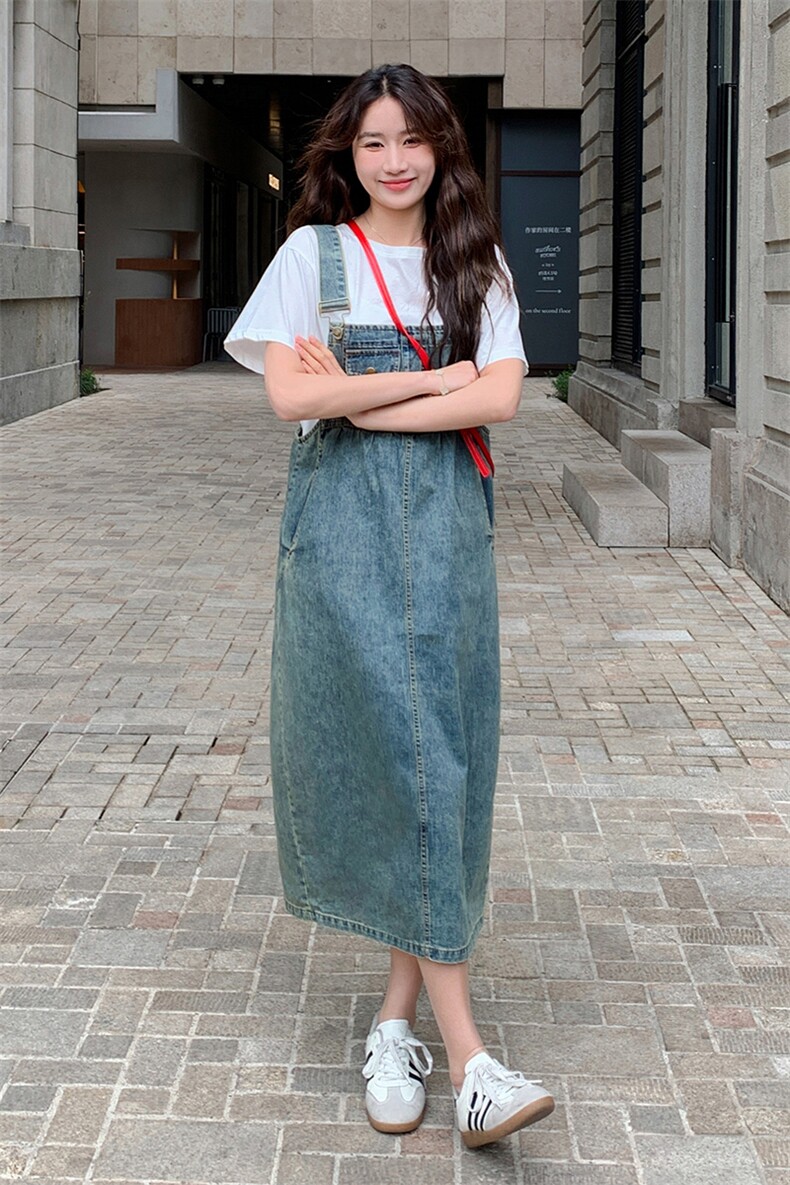 港风复古减龄牛仔背带连衣裙女2025夏季新款韩版宽松显瘦盐系长裙,女装连衣裙,2C087