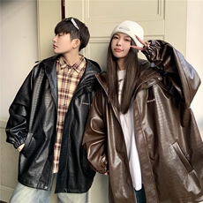 1港风连帽鳄鱼纹PU皮大码M-5XL情侣女冲锋衣夹克男JK8744P90控128，男装夹克，星座226-2