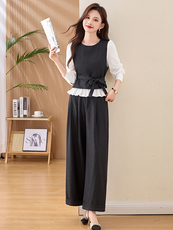 假两件上衣配阔腿裤套装女2026春新款气质女神范收腰显瘦两件套，女装套装/套裙，美沁