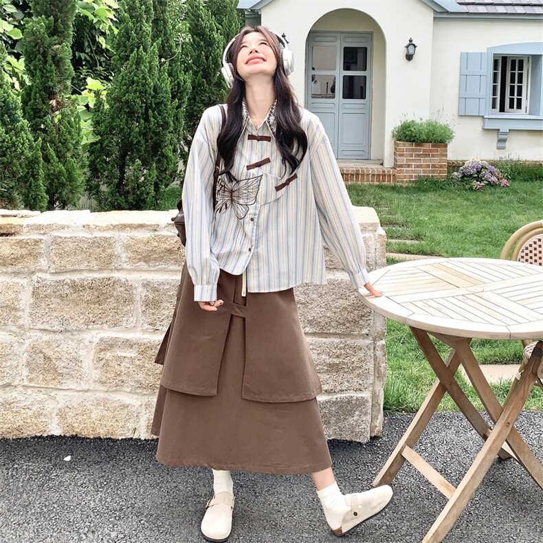 复古蝴蝶刺绣条纹衬衫套装女2025秋季新款设计感工装半身裙两件套,女装套装/套裙,2C332
