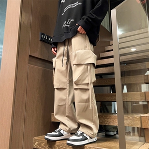 港风秋冬款男工装裤大口袋长抽绳拼接直筒宽松长裤h95 P40图片