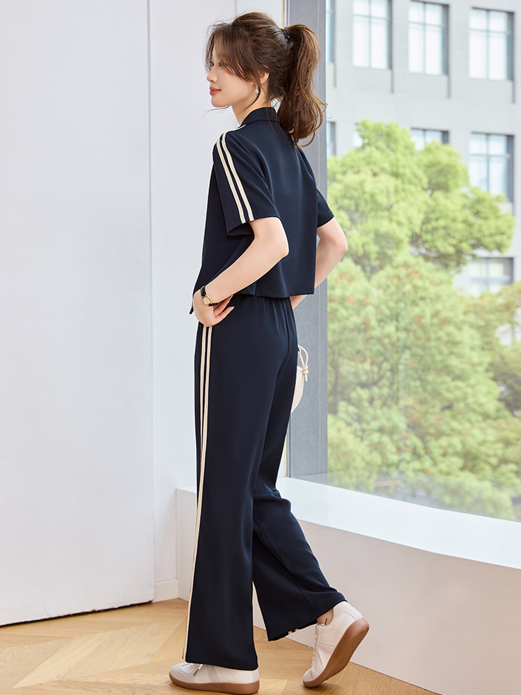 时尚套装女2025夏季新款设计感袖口撞色条纹上衣阔腿直筒裤两件套,女装套装/套裙,辉之琳