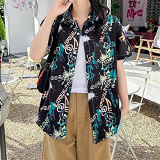 夏季薄款休闲短袖衬衫女ins痞帅潮牌港风日系宽松潮流半袖上衣服，男装衬衫，星座506