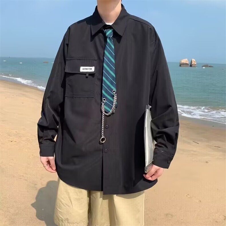 809-P38日系领带长袖衬衫男装宽松休闲春秋设计感小众百搭外穿,男装衬衫,电商B323A