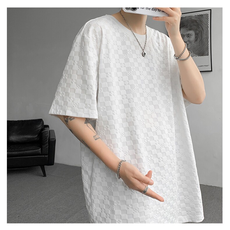 8XL-M特大码短袖男夏季港风棋盘格子T恤冰丝半截五分袖DX323P35,男装T恤,电商D206-1
