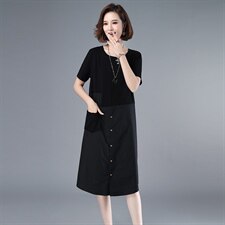 2021年夏季通勤韩版圆领高腰a字裙拼接文艺连衣裙不对称套头裙子，女装连衣裙，伊满意