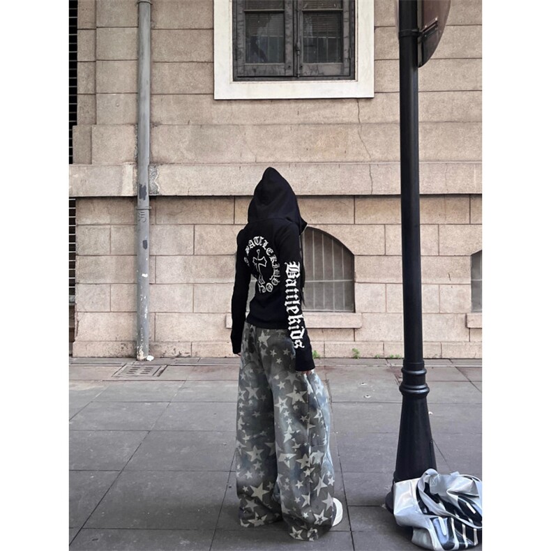美式覆古星星满印工装休闲裤女秋季新款宽松百搭阔腿裤潮,男装工装外套,星座813-2