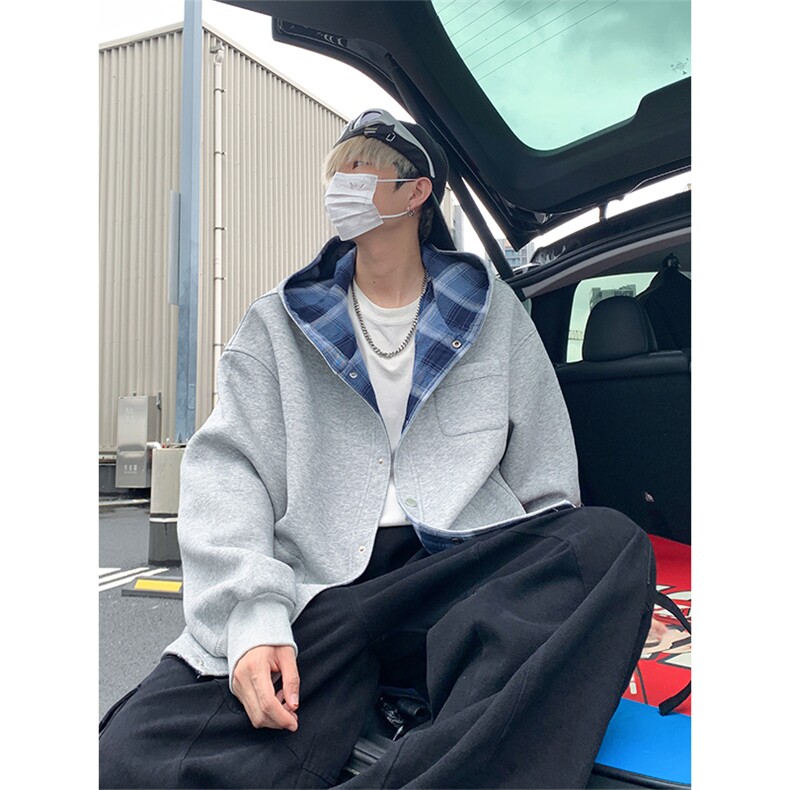 420克重磅日系纯色格纹开衫男女休闲连帽卫衣外套W4687-特价P65,男装卫衣,电商A007