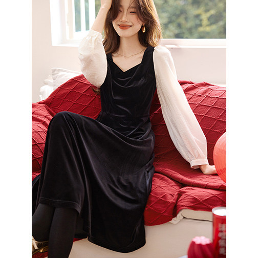 2025春新优雅小黑裙丝绒拼接伞摆连衣裙新年系列年会礼服,女装连衣裙,梦白服饰厂